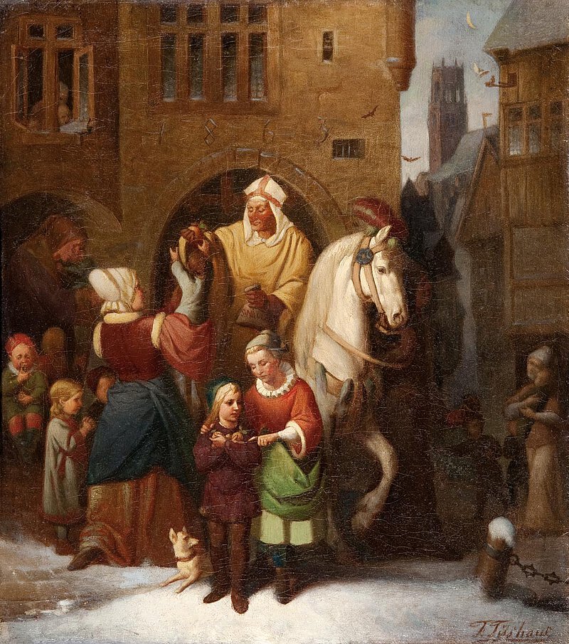Das Gemälde Sankt Nikolaus von Fritz Tüshaus: Nikolaus auf dem Pferd verteilt Geschenke an eine Frau und Kinder.