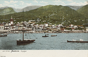 Gemalte Postkarte eines Hafens auf Madeira. Im Vordergrund Segelschiffe, dann eine Hafenstadt und im Hintergrund grüne Berge.